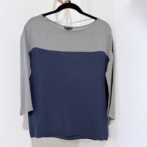 Theory Tops - Theory Grey & Navy Colorblock Silk 3/4 Blouse